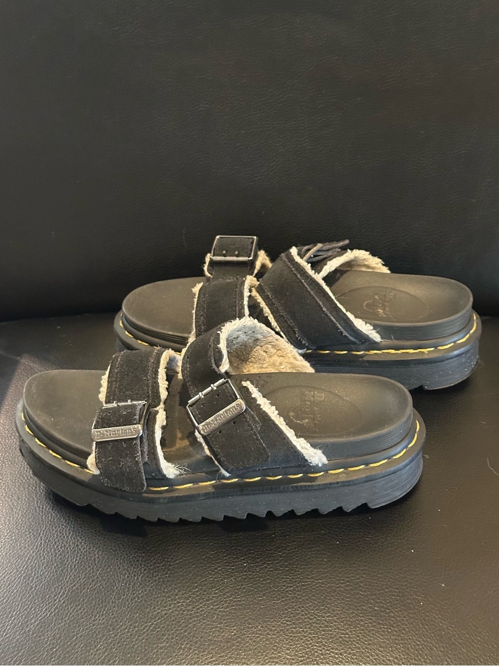 Dr. Martens Black Suede Shearling Buckle Slide Sandals, pre-loved